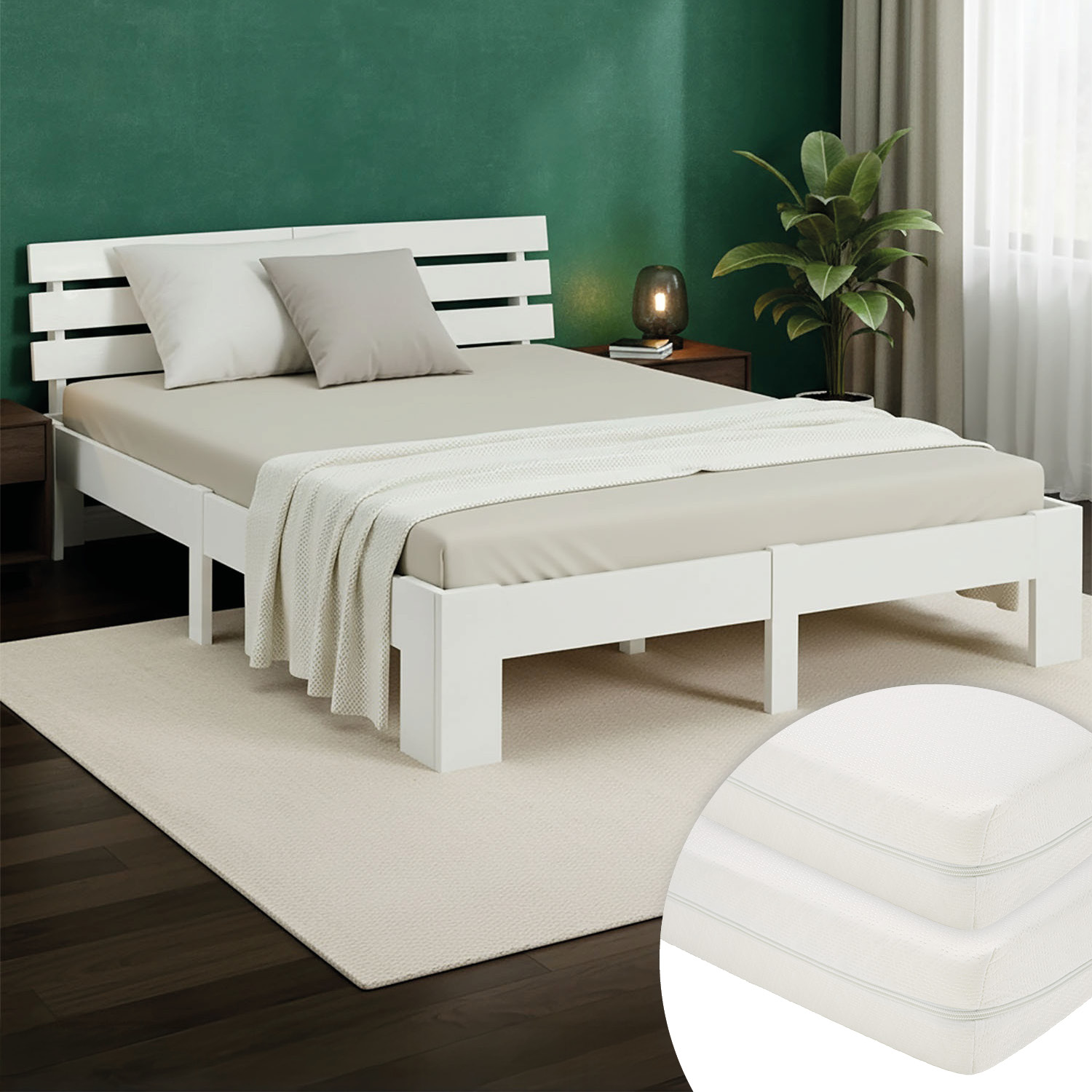 Wood Bed 180x200 cm White | Double Bed | with 2 Mattress | Solid | Kids Youth Guest Bedroom