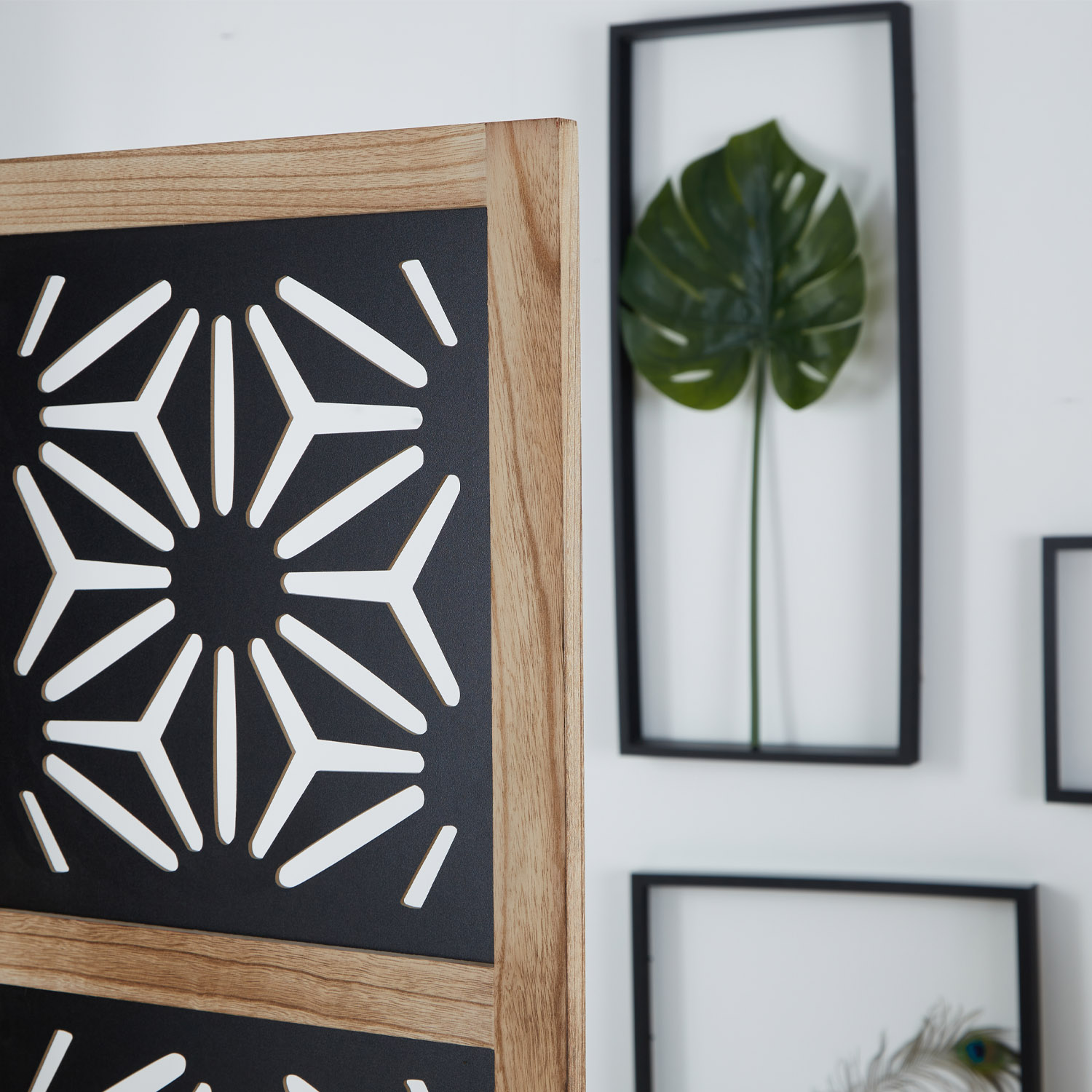 Paravent Natural Black Decorations | 3-panel | Wood | Room Divider Partition Privacy Screen