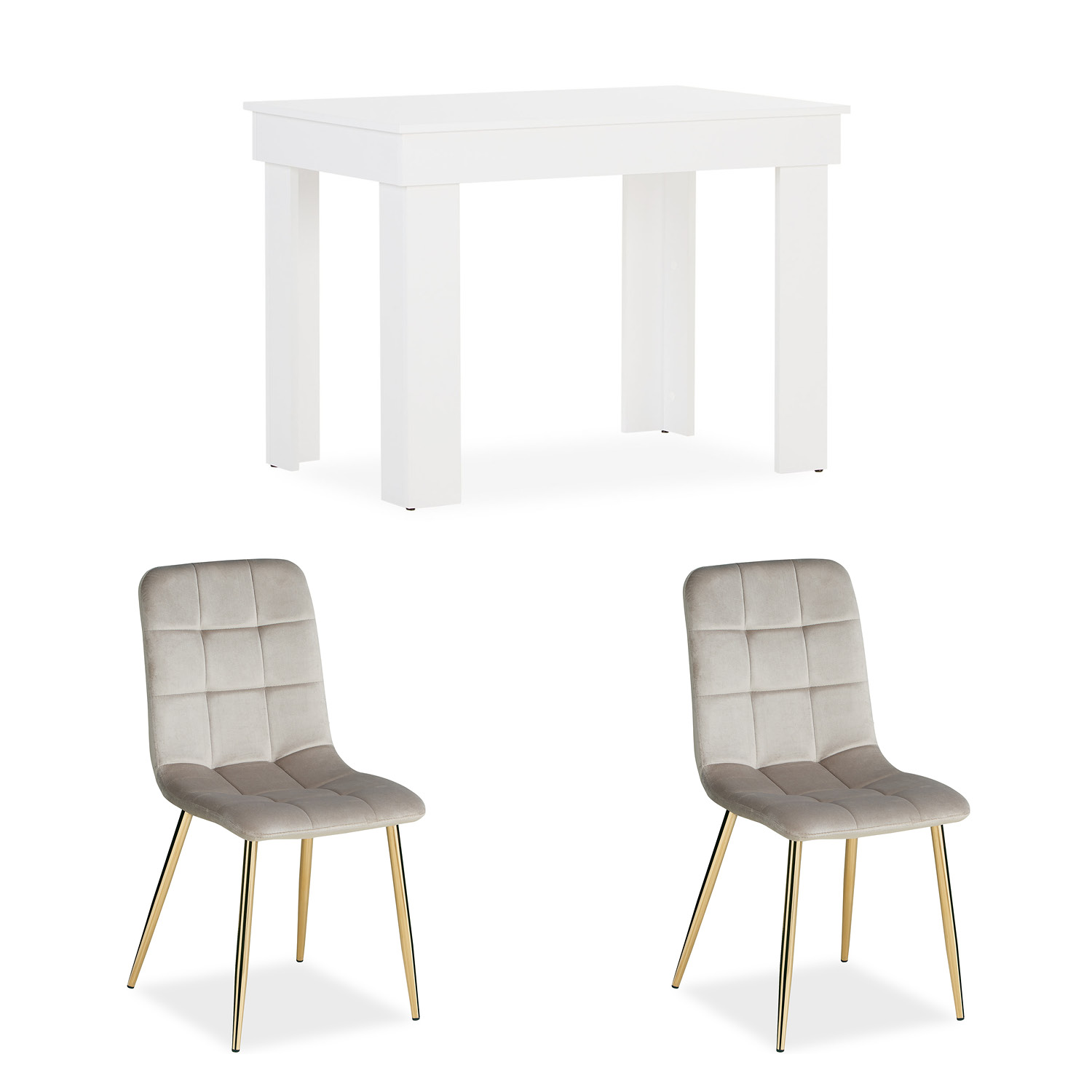 Essgruppe in Weiß und Creme mit Holzelementen und Samtbezug. Die Essgruppe mit 2 gepolsterten Stühlen ist in einem hellen Essbereich eingerichtet. Der Tisch und die Stühle sind zusammen mit Grünpflanzen und Wandschmuck zu sehen.
