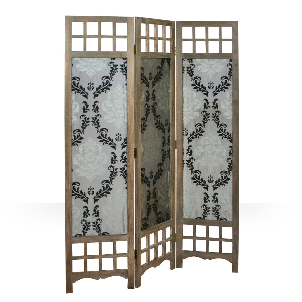 Brown folding screen with gray fabric and ornamental pattern – 3-panel, elegant wooden room divider and privacy screen