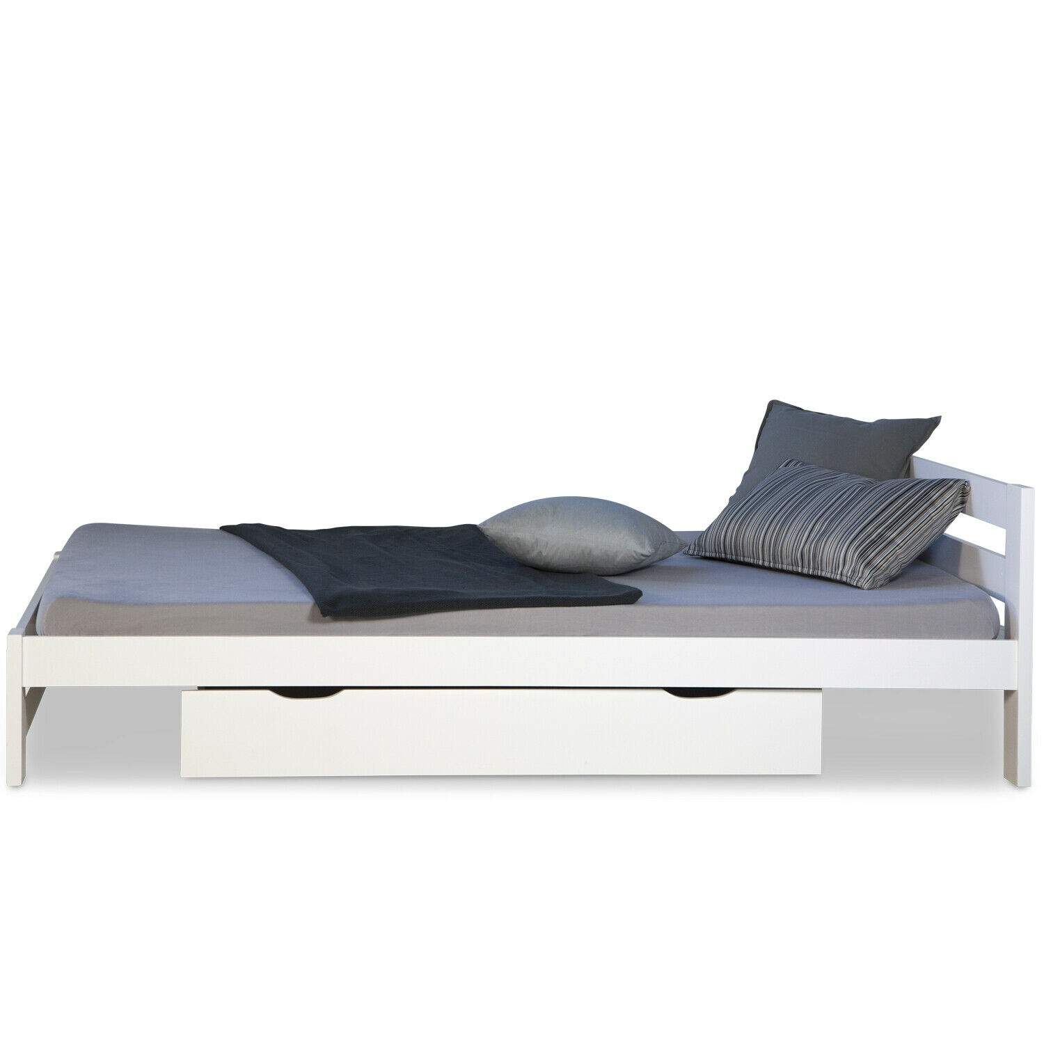Wood Bed 140x200 cm White | Double Bed with Bed Drawer | with Slatted Frame | Solid | Kids Youth Guest Bedroom