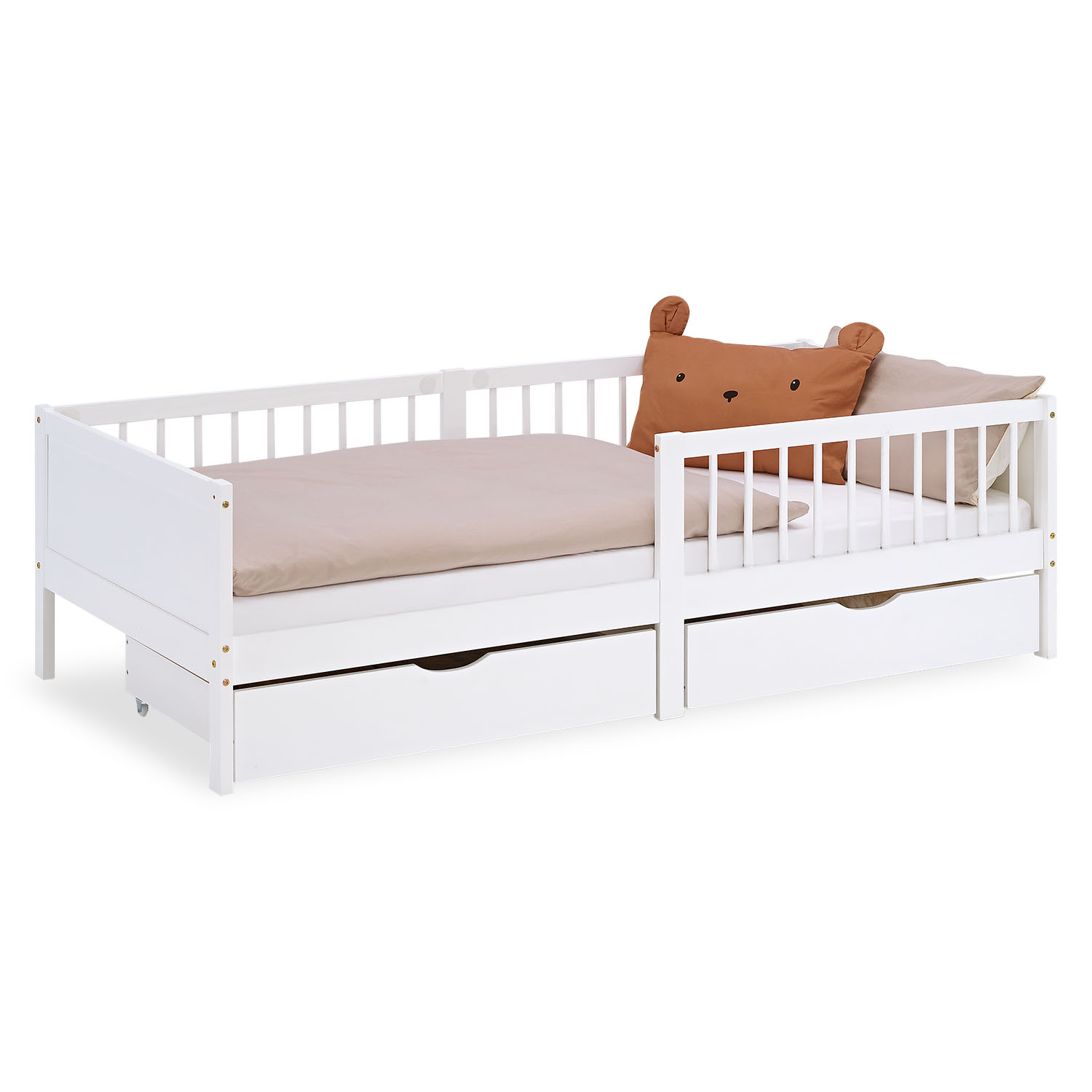 Children's Bed 90x200 cm White Natural | Wooden bed with 2 drawers | Single Bed | with Slatted Frame | Fall Protection