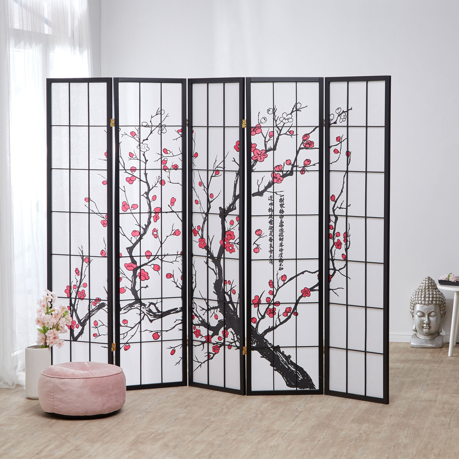 Paravent Black Cherry Pattern | Rice Paper White | 5-panel | Wood | Room Divider Partition Privacy Screen
