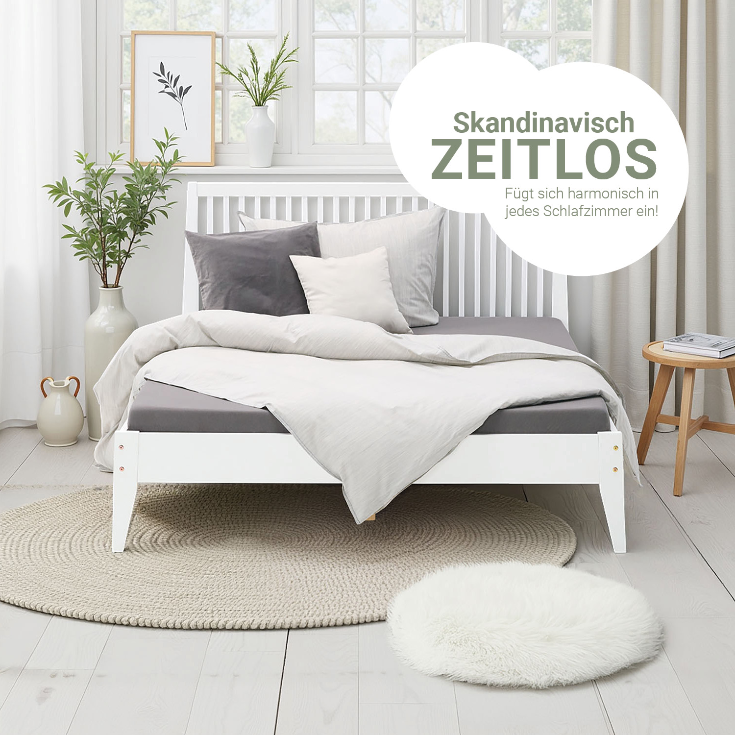 Wooden Bed 140x200 cm White – Scandinavian-Style Double Bed with Slatted Base for Teenagers' & Bedrooms