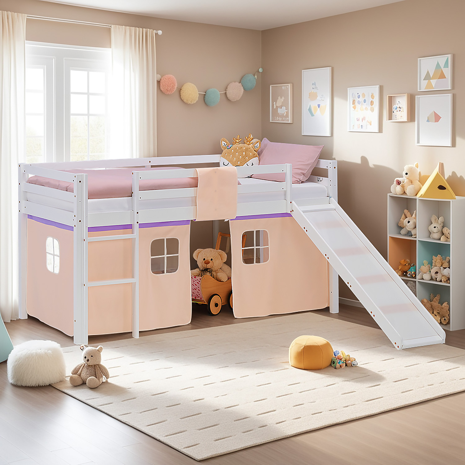 Loft Bed for Kids 90x200 cm White with Curtain in Lilac Beige | Slide | with Slatted Frame and Mattress
