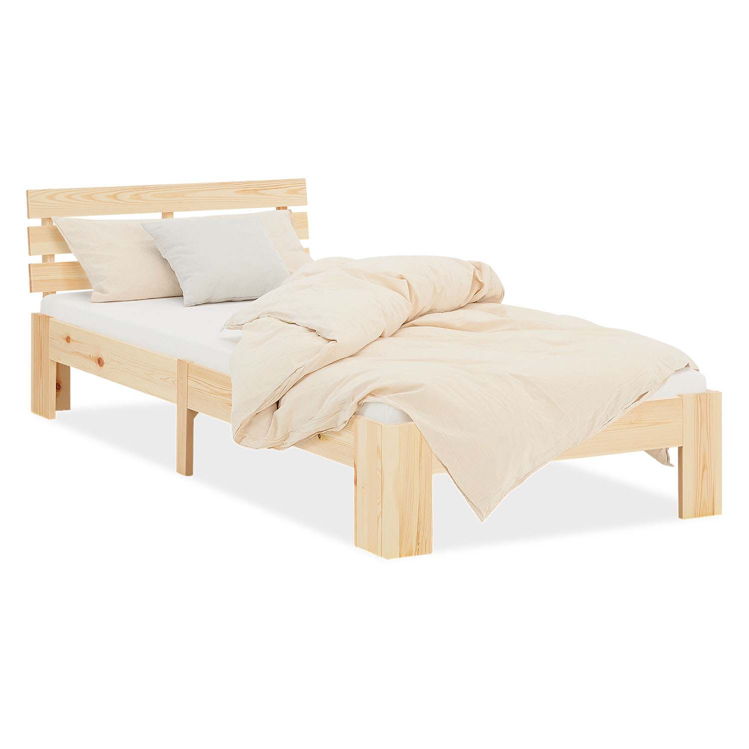 Wood Bed 90x200 cm Natural | Single Bed | with Spring Mattress | Solid | Youth Guest Bedroom