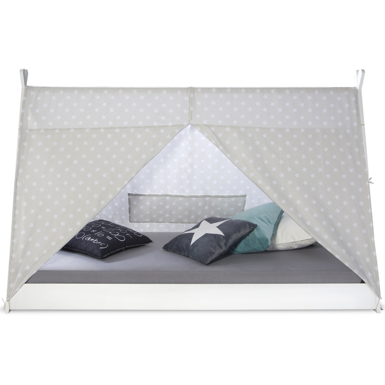 Children's Bed 90x200 cm White Gray Fabric | Tent Bed | Single Bed | with Slatted Frame | Wood