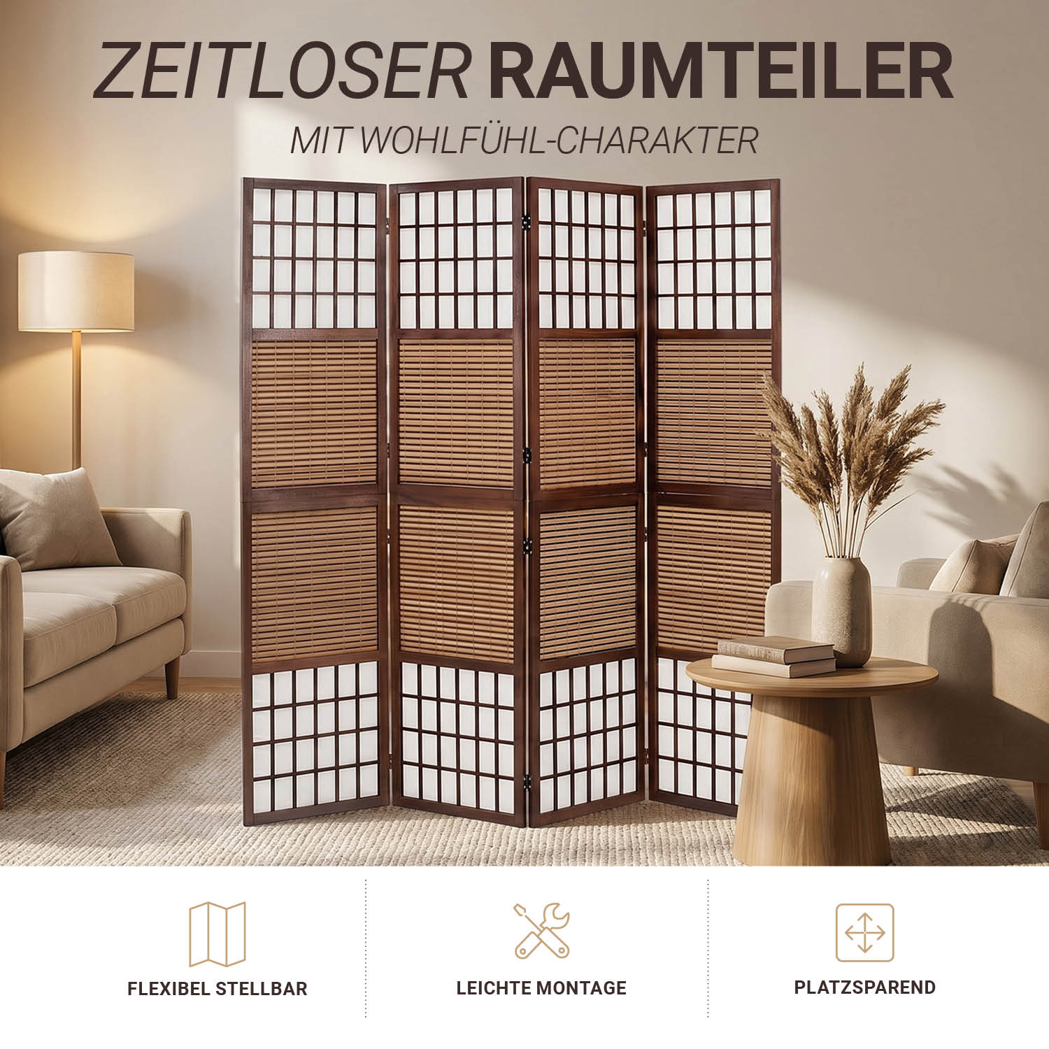 Brown Bamboo & Shoji Screen – 4-panel wooden screen