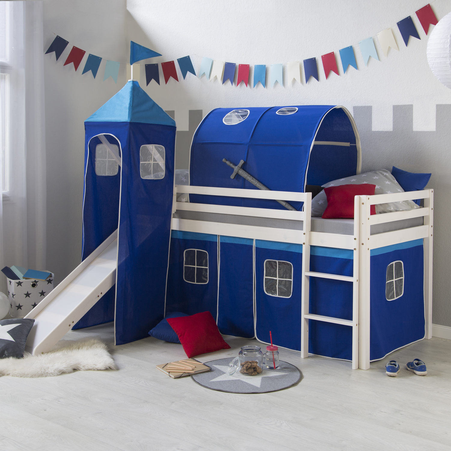 Loftbed 90x200 cm Bunk bed Childrens bed Solid Pine Wood Tower Tunnel Curtain Blue Slide Mattress Slats