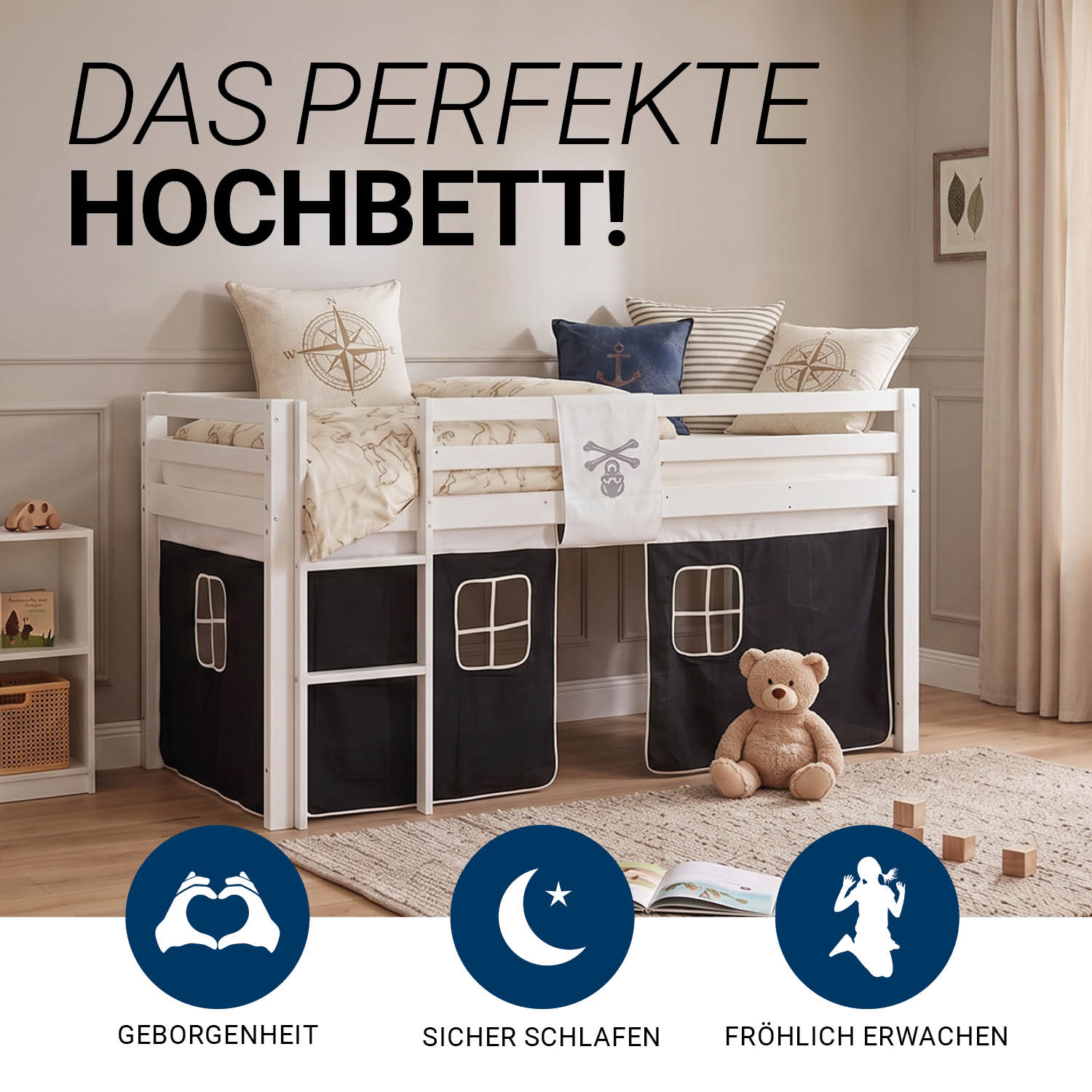 Children's loft bed, 90x200 cm, white with black curtain | includes slatted base