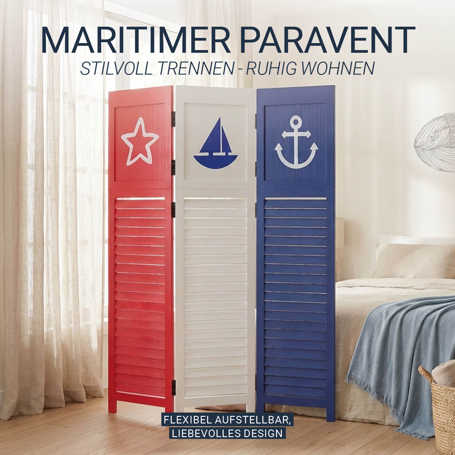 Paravent Red White Black Maritime Motifs | 3-panel | Wood | Room Divider Partition Privacy Screen