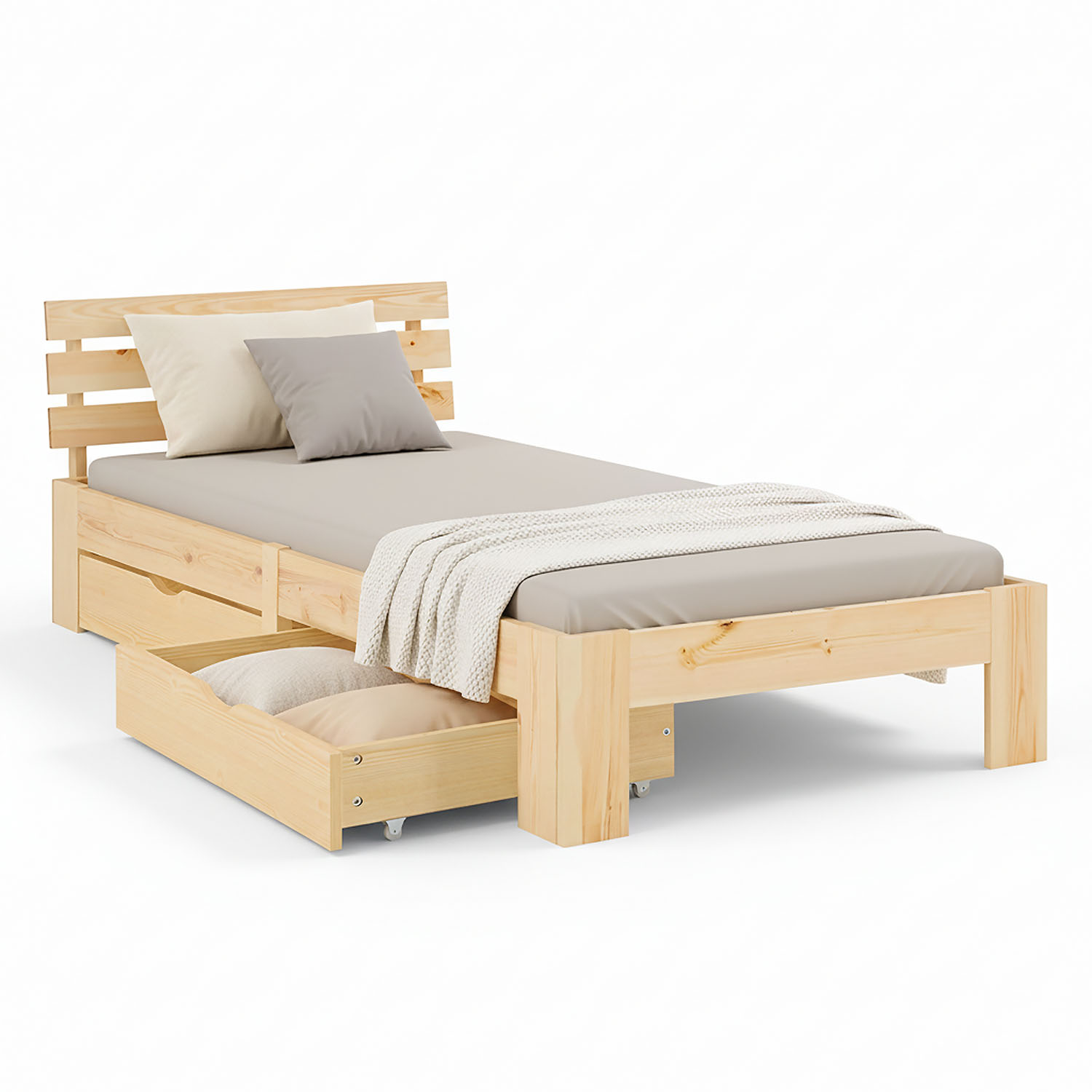 Wooden Bed 90x200 cm, Natural | Single Bed with 2 Underbed Drawers | Incl. Slatted Base | Solid Wood | Child, Teen & Guest Bedroom
