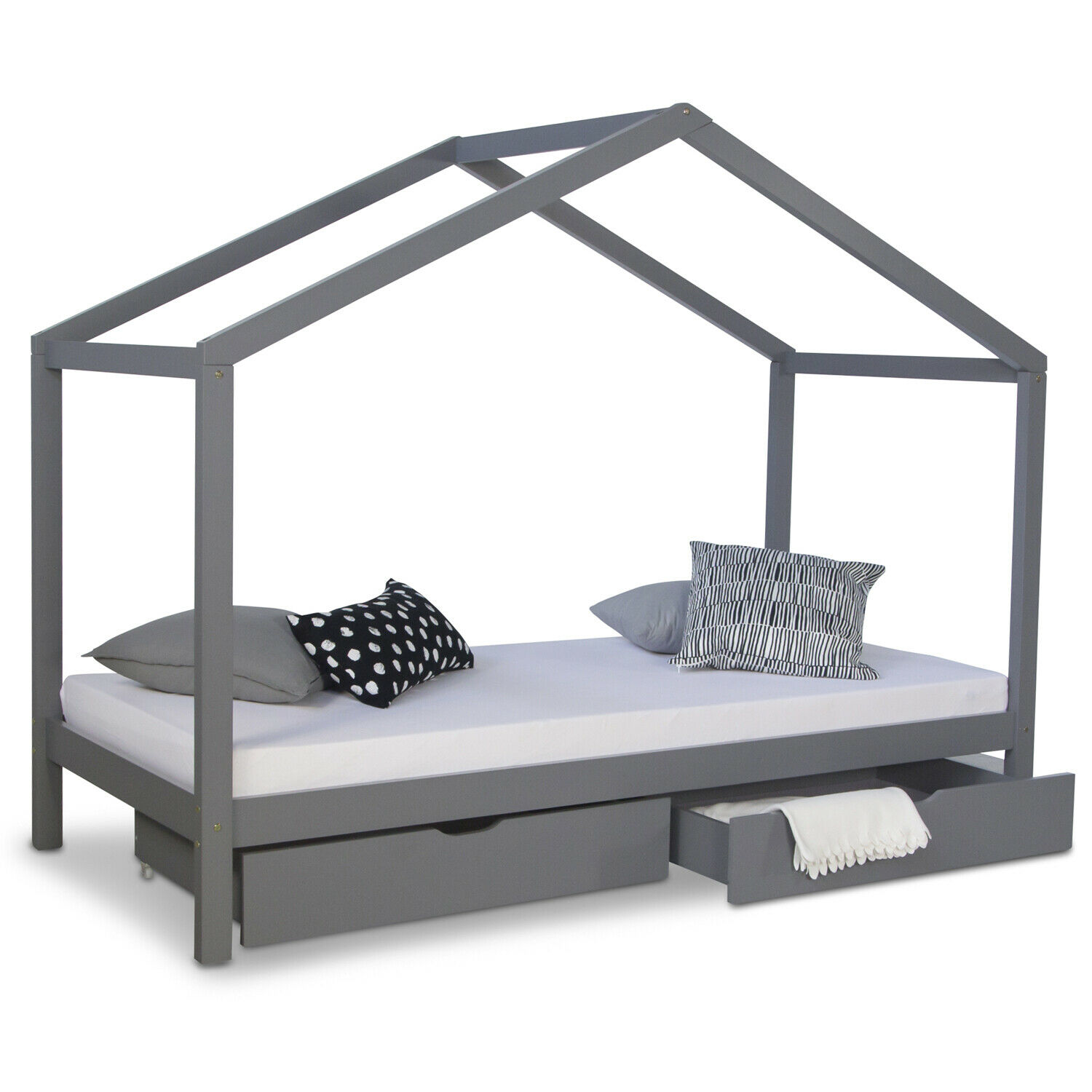 Children's Bed 90x200 cm Gray | House Bed with Drawers | Single Bed | with Slatted Frame | Wood