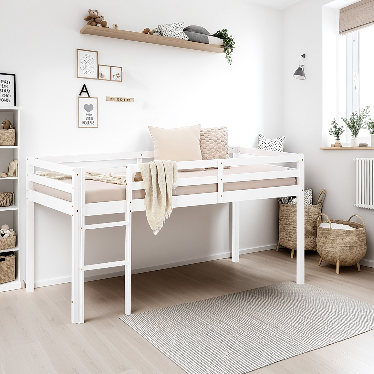 Loft bed with mattress and slatted frame, 90x200 cm, children's bed, white, solid wood