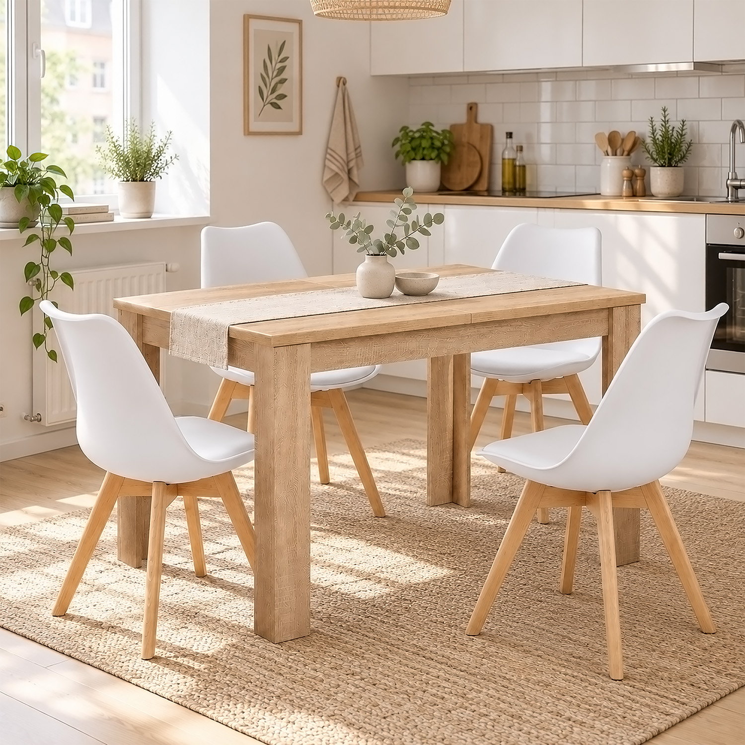 Dining Set (5-Piece): 120x80 cm oak extendable dining table with 4 white plastic chairs and wooden legs