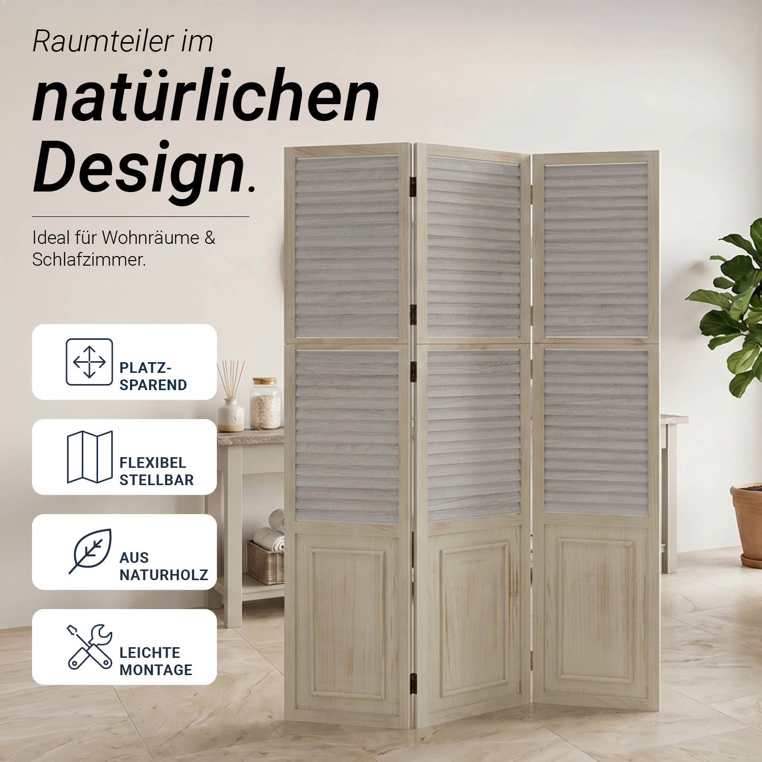 Paravent Grey Wooden Slats | 3-panel | Wood | Room Divider Partition Privacy Screen