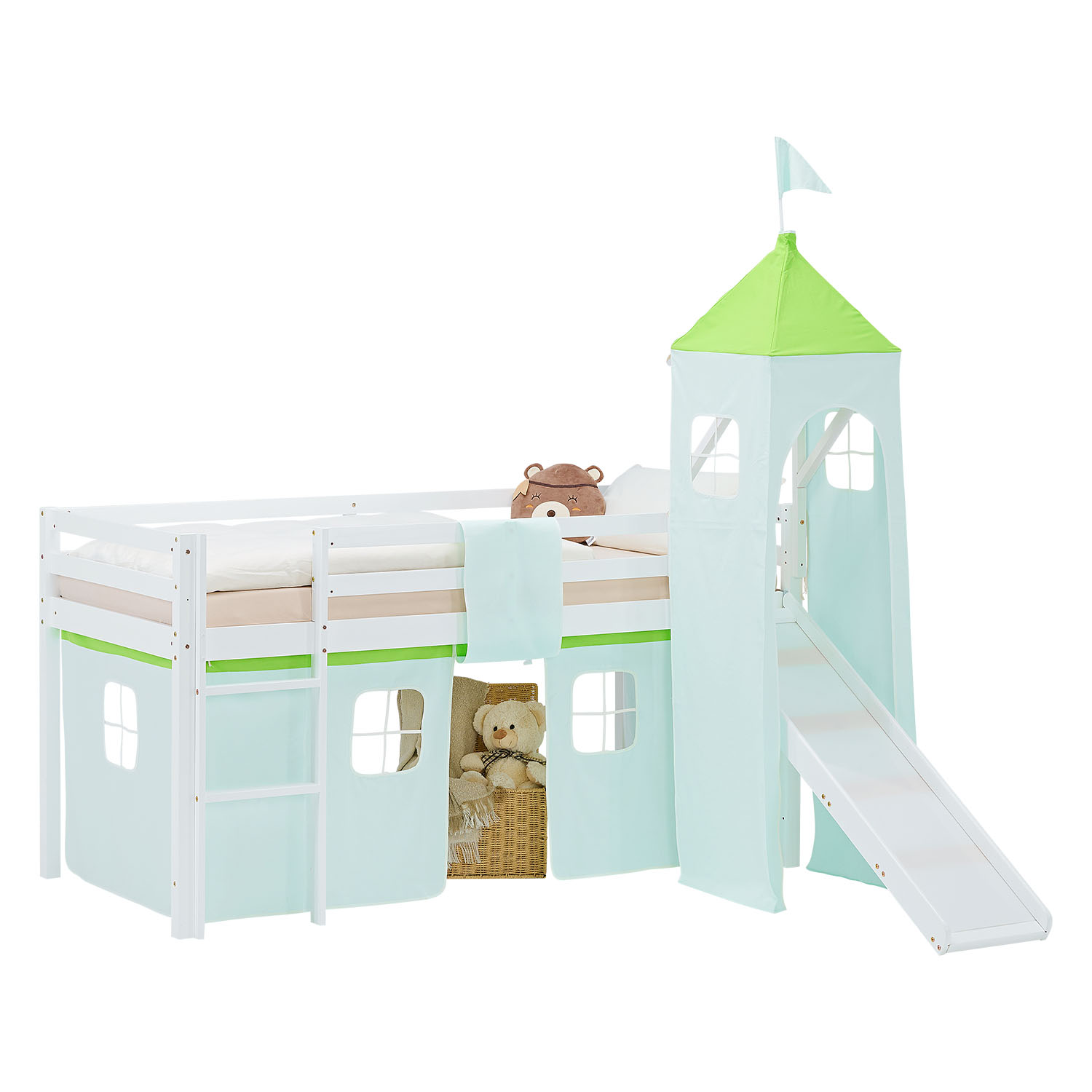 Loft Bed for Kids 90x200 cm White with Curtain in Green | Slide | Tower | without Slatted Frame