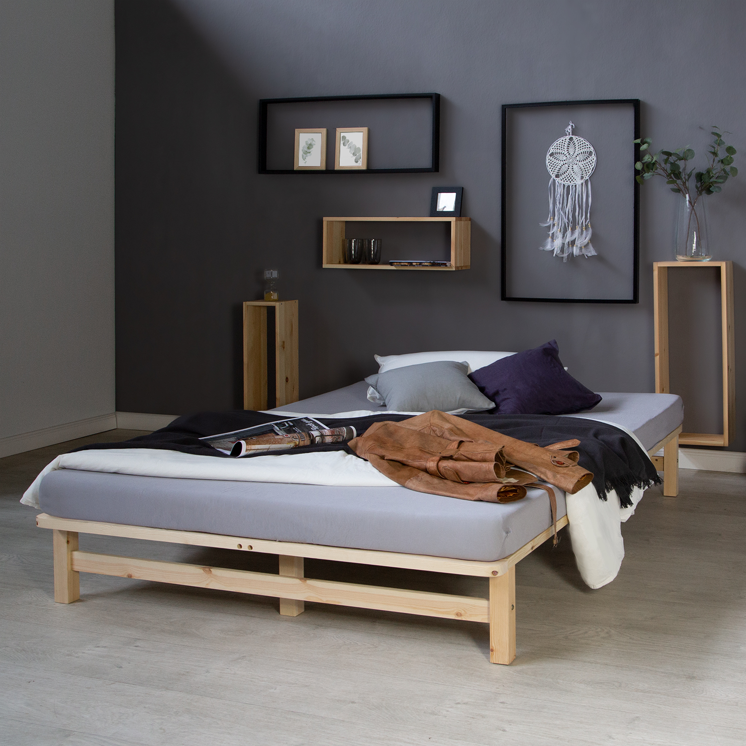 Pallet Bed 140x200 cm Natural | Double Bed | with Slatted Frame | Wood | Kids Youth Guest Bedroom