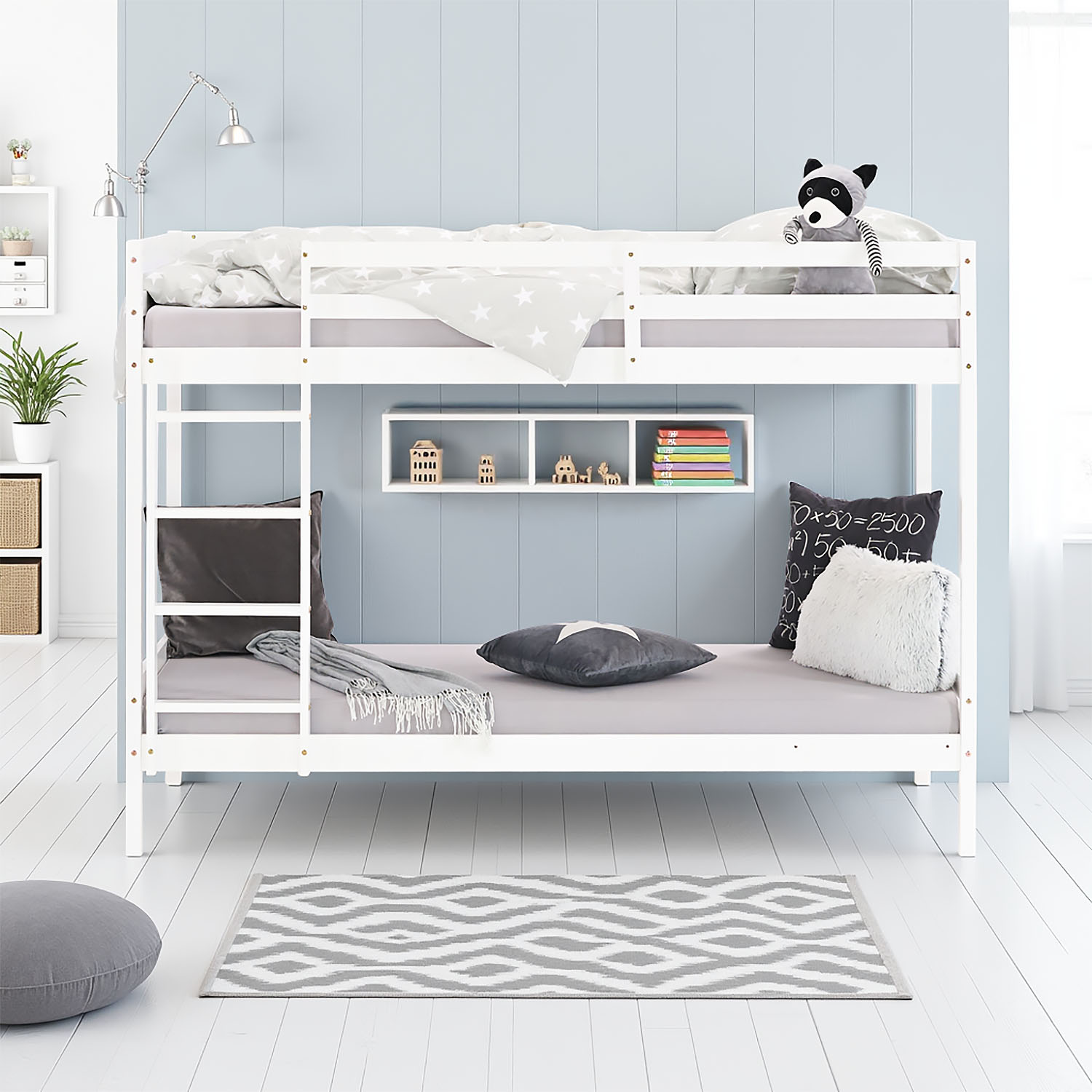 Bunk bed with 2 matresses Children bed 90x200 cm wooden Kids bed High sleeper White Slats