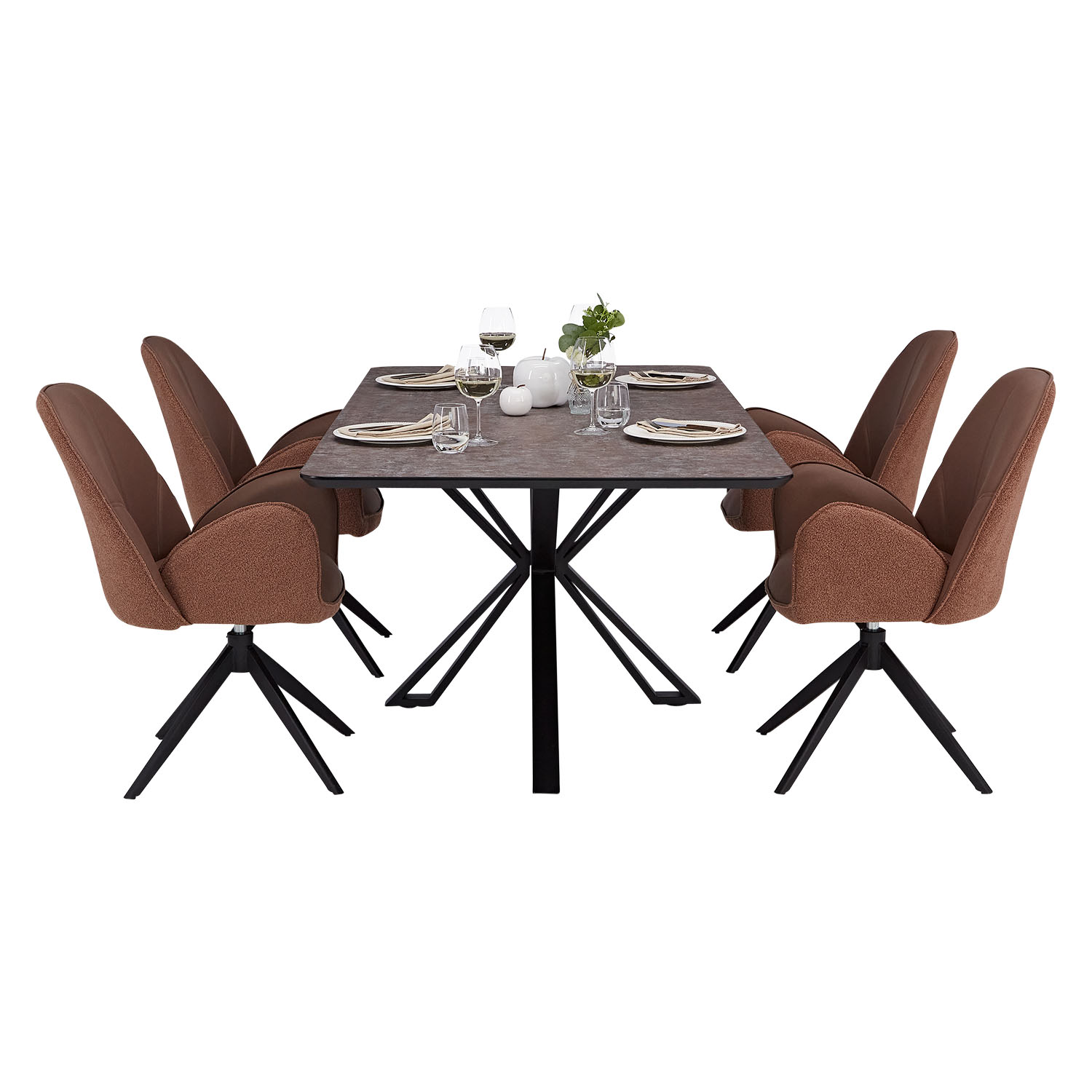 Dining set | 4-piece set upholstered chairs brown bouclé Leder with armrest | swivel | dining table brown metal frame 200 x 100 cm