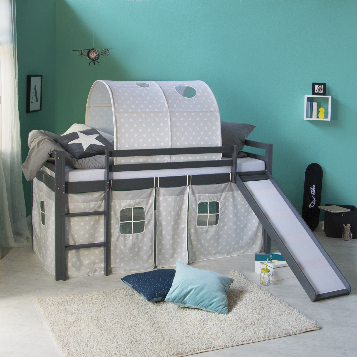 Loftbed 90x200 cm Grey Bunk bed Childrens bed Solid Pine Wood Tower Tunnel Curtain Stars Slide Mattress Slats