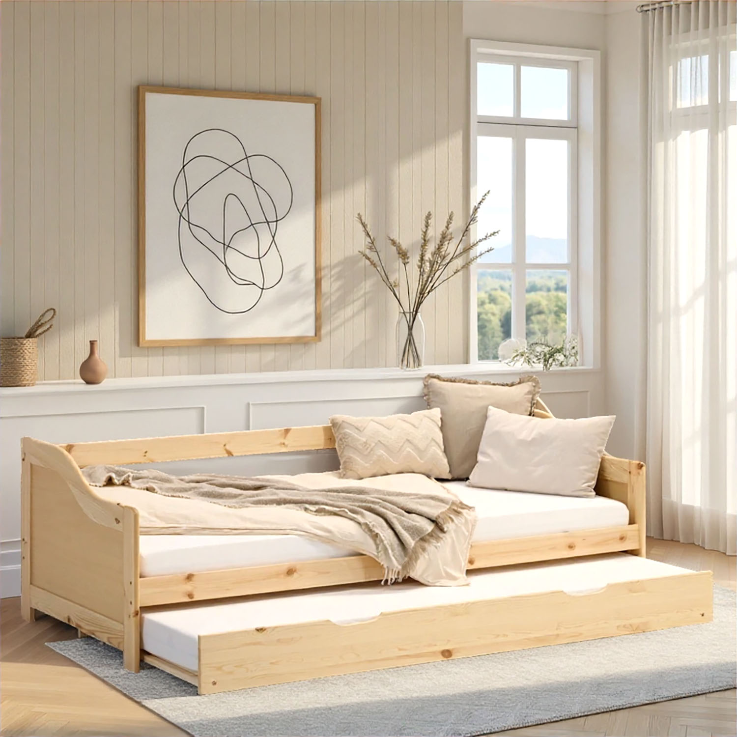 Wood Bed 90x200 cm Natural | Extendable | Cabin Bed | with Mattress | Kids Youth Guest Bedroom