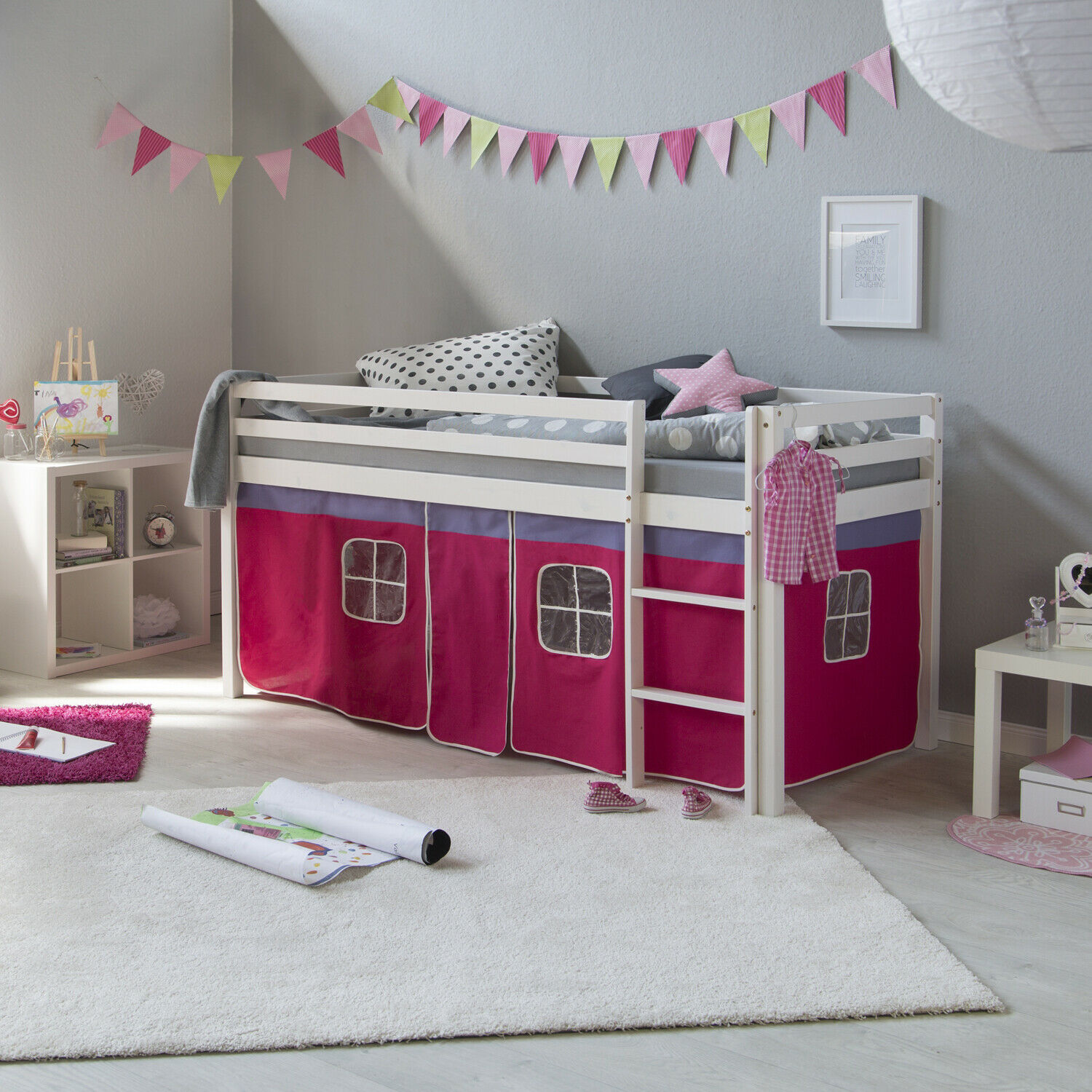 Loft Bed Kids 90x200 cm White with Curtain Pink | without Slatted Frame Loft Bed Kids 90x200 cm White with Curtain Pink | without Slatted Frame