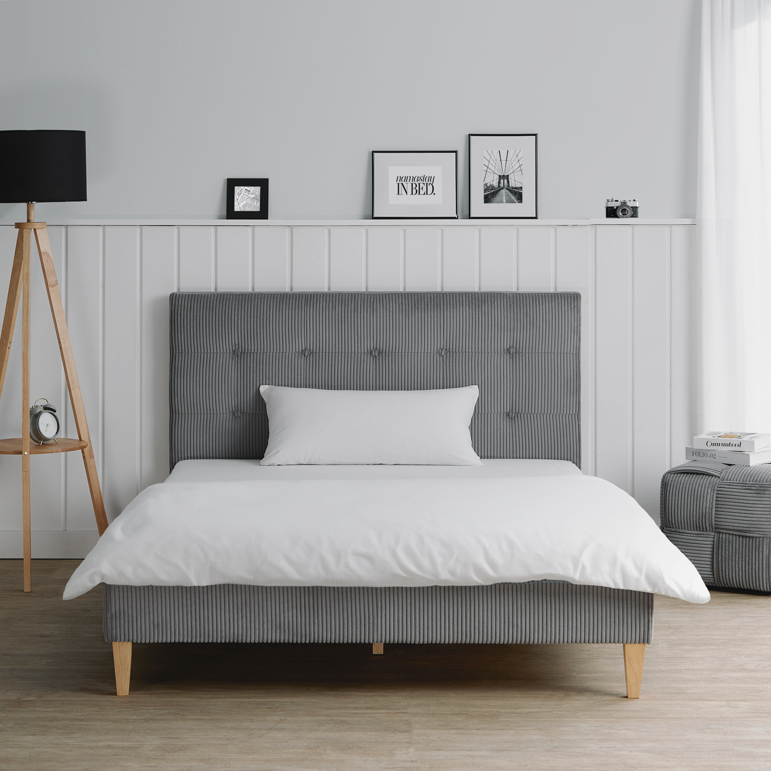 Small Double Bed 140x200 cm with Mattress Upholstered Bed Grey Cord with Slatted Frame Fabric Bed Frame