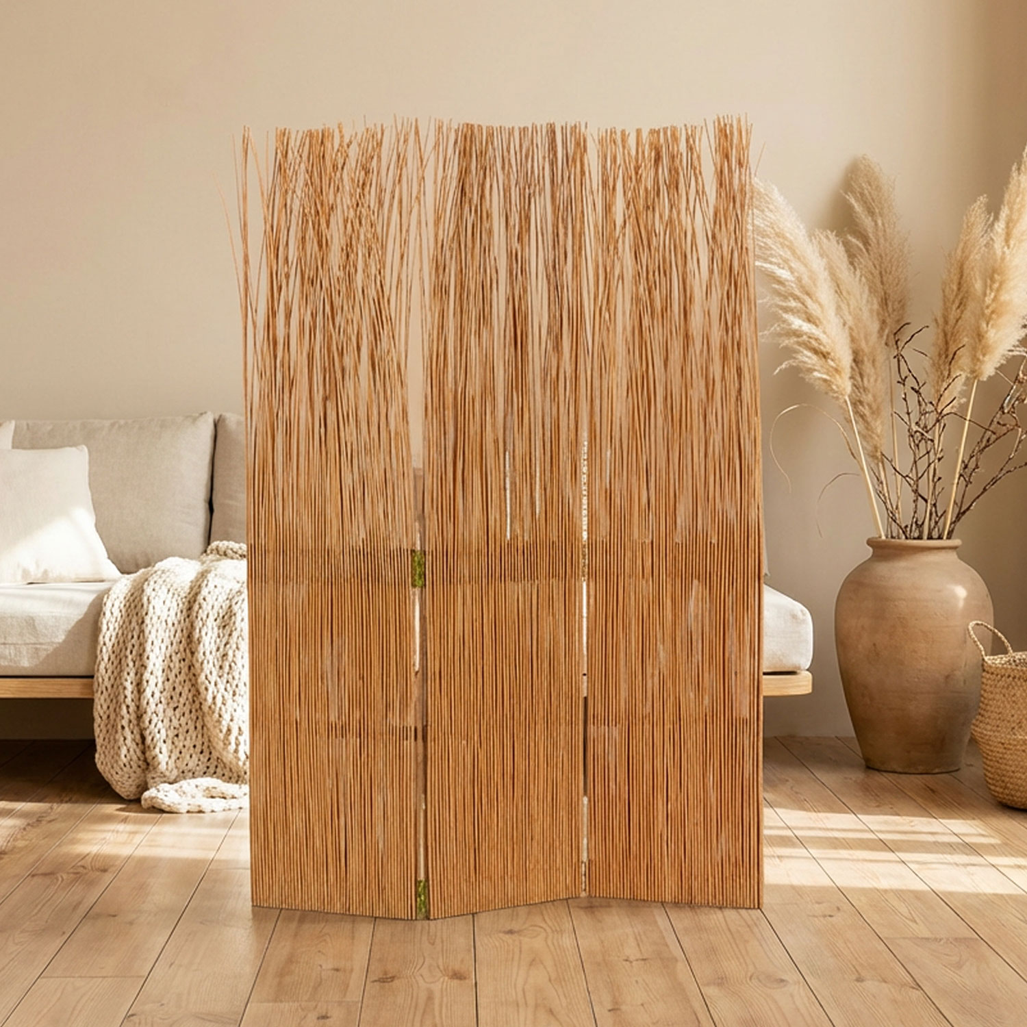 Homestyle4u 974 Paravent 3 Pièces En Osier Marron - Séparateur De Pièce Naturel
