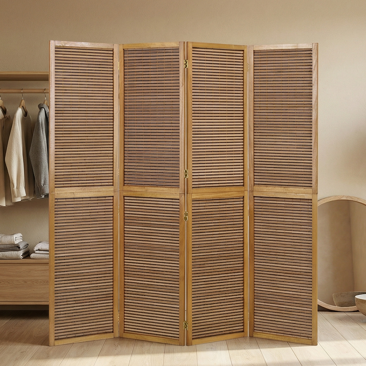 Paravent Brown Wooden Slats | 4-panel | Wood | Room Divider Partition Privacy Screen