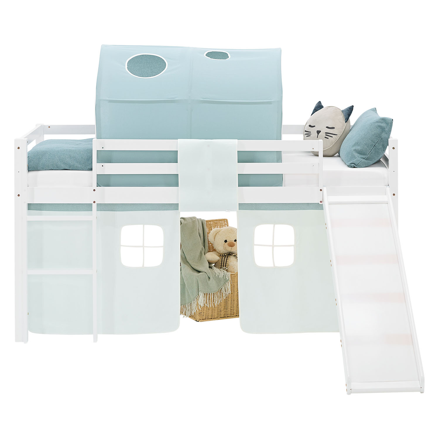 Loft Bed for Kids 90x200 cm White with Curtain & Tunnel in Mint Green | Slide | with Slatted Frame and Mattress