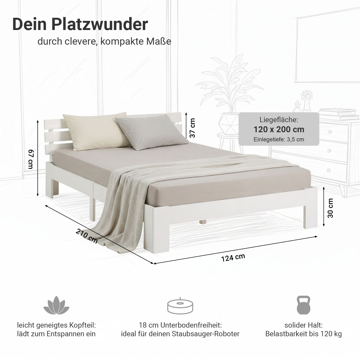 Solid White Pine Wood Bed, 120x200 cm – Futon Bed with Mattress and Slatted Base