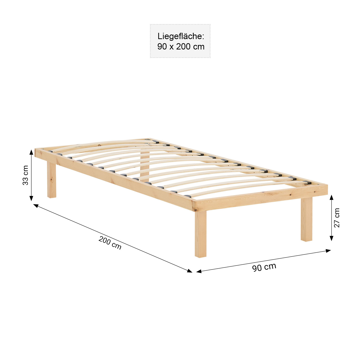 Bettgestell 90x200 cm Holzbett Unbehandelt Einzelbett Massivholz Bett ohne Kopfteil Gästebett Jugendbett Matratze Lattenrost