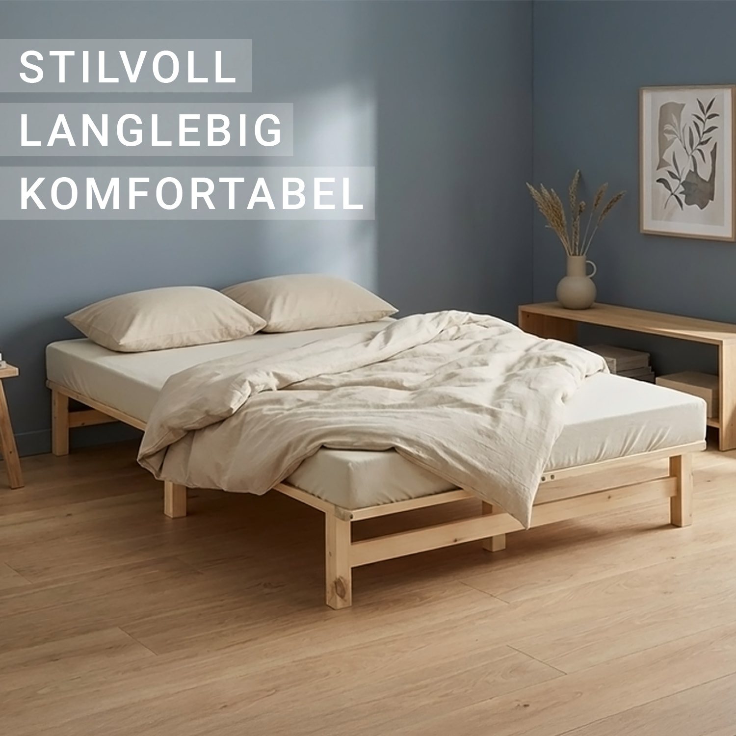 120x200 cm Natural Pallet Bed – Wooden Double Bed with Mattress & Slatted Base for Teen Rooms, Guest Rooms, and Bedrooms