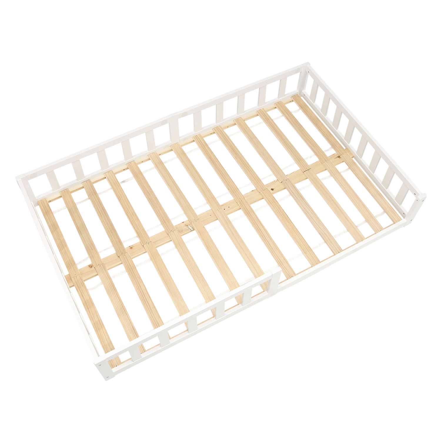 Children's Bed 120x200 White | Floor Bed with Mattress & Slatted Frame | with Fall Protection | Montessori