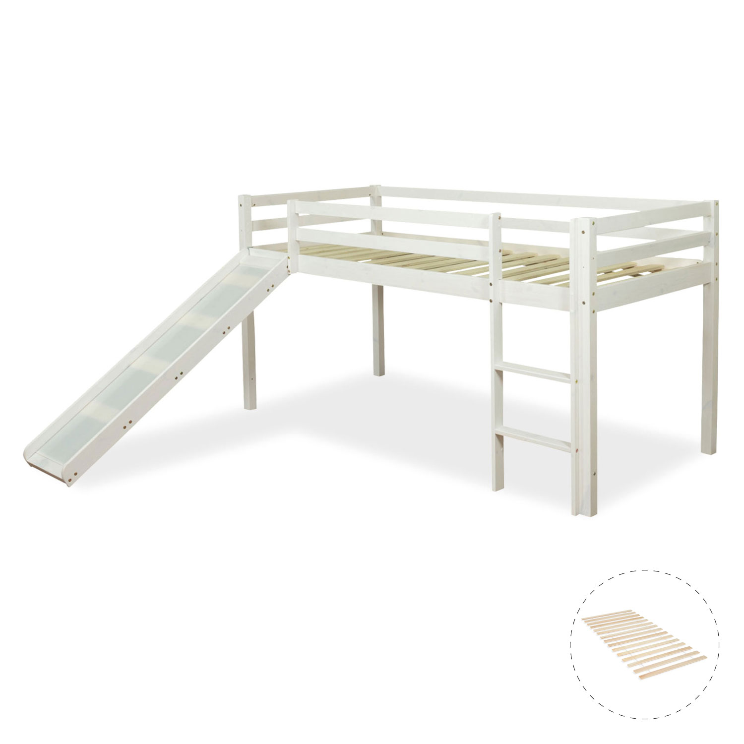 Children's Loft Bed 90x200 cm with Slatted Frame Slide Ladder, Bunk Bed Play Bed White Wood Pine