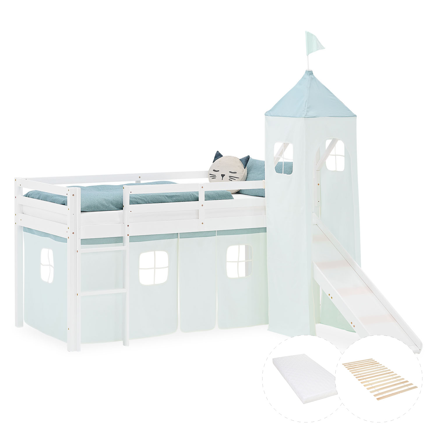 Kinderhochbett in Grün mit Elementen aus Kiefernholz, Lattenrost, Matratze, Rutsche, Spielturm und Spielvorhang. Das weiße Hochbett ist mit Matratze und Kissen vor weißem Hintergrund abgebildet. Sichtbar sind eine Leiter, seitliche Schutzgitter, ein Spiel