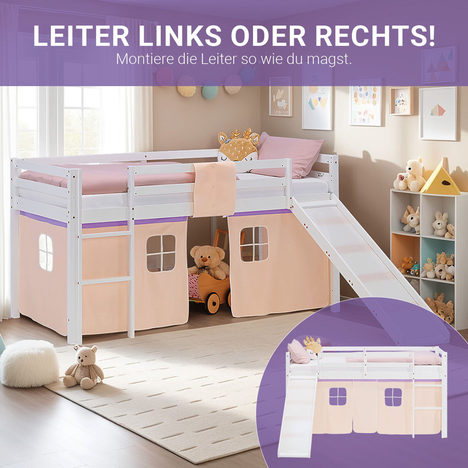 Loft Bed for Kids 90x200 cm White with Curtain in Lilac Beige | Slide | with Slatted Frame and Mattress