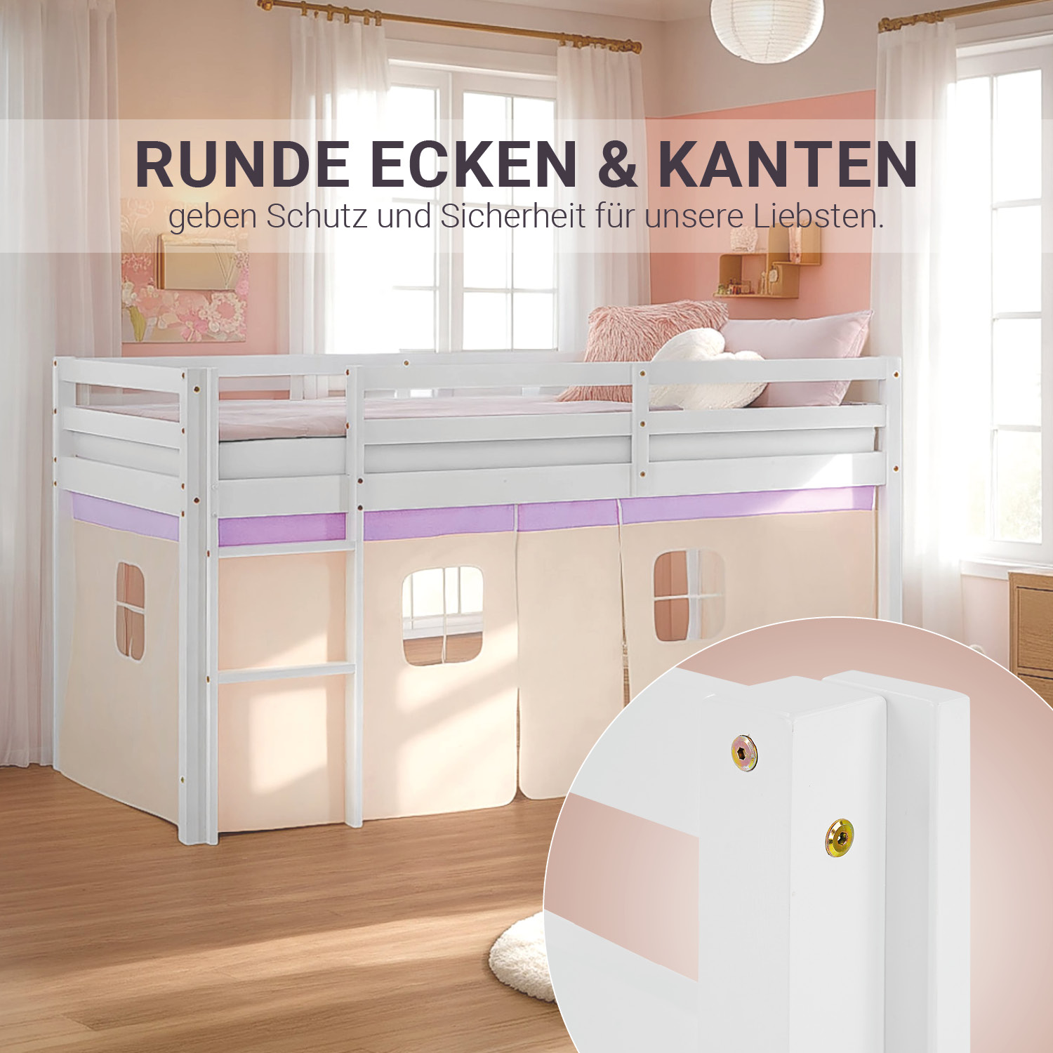 Loft Bed for Kids 90x200 cm White with Curtain in Lilac Beige | with Slatted Frame and Mattress