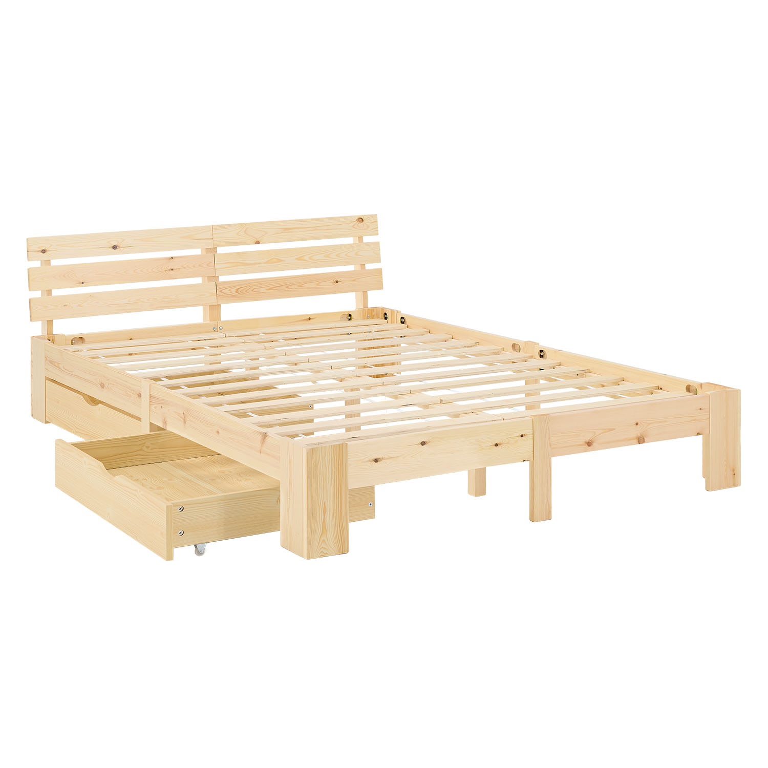 Wood Bed 140x200 cm Natural | Double Bed with Storage 2 Drawers | with Slatted Frame | Solid | Kids Youth Guest Bedroom