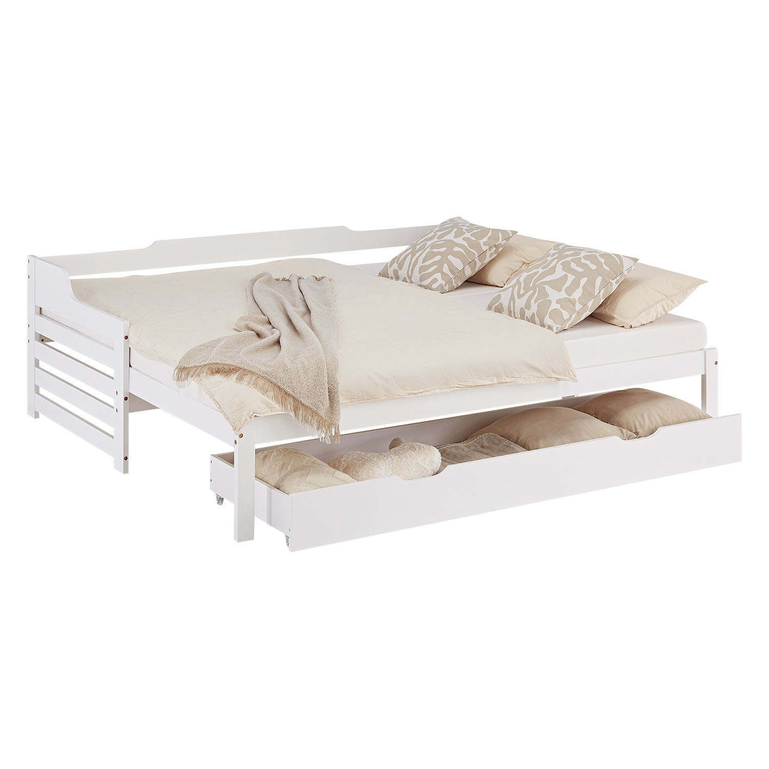 Gästebett Holzbett 90x200 cm Weiß Stauraum Tagesbett ausziehbar Jugendbett Ausziehbett Bett mit Bettkasten Matratze