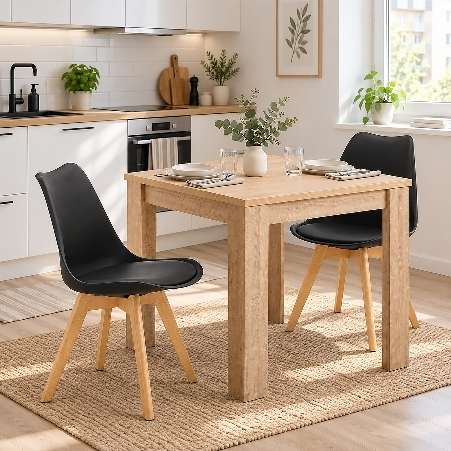 Dining Set (3-Piece): 80x80 cm oak dining table with 2 black plastic chairs and wooden legs
