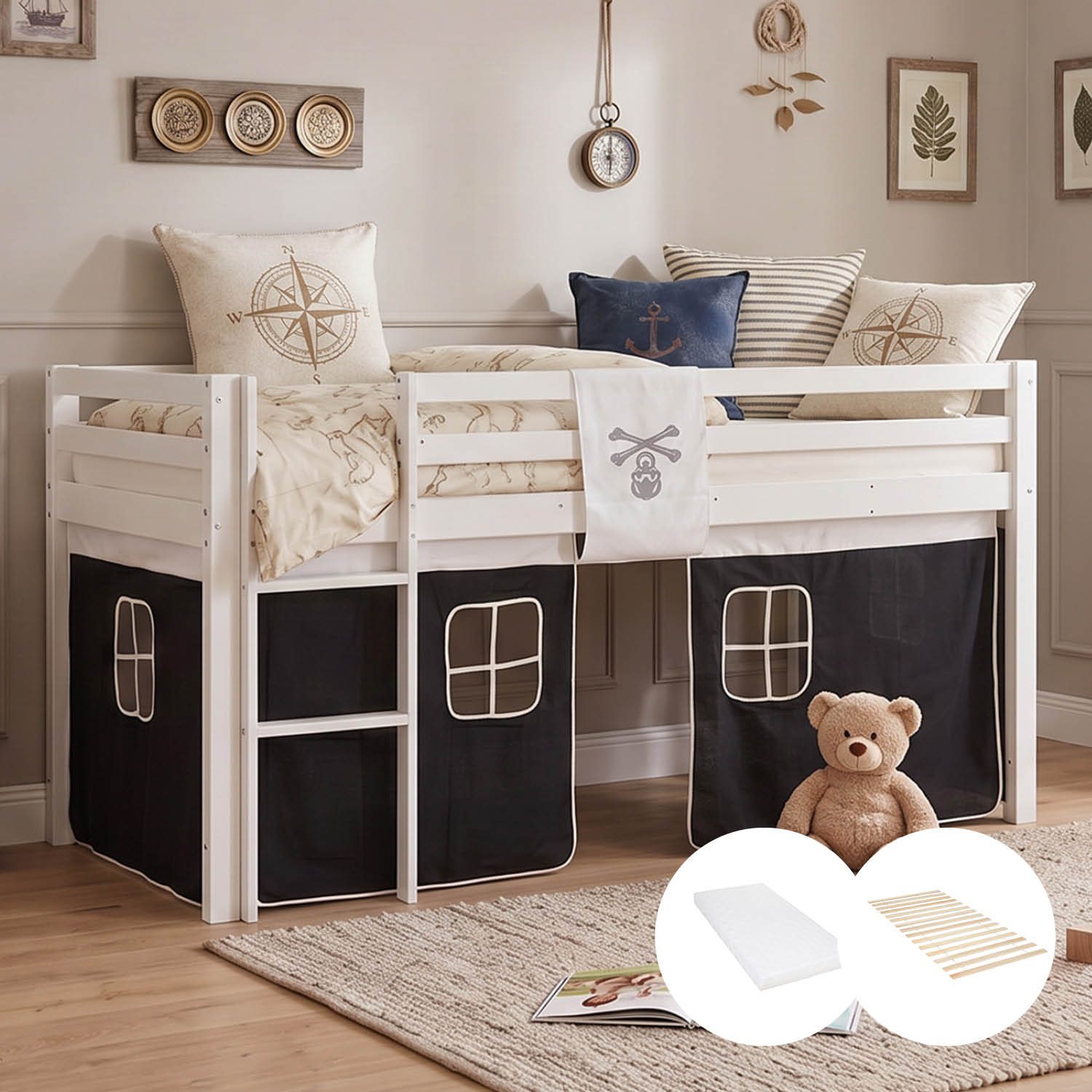 Children's loft bed, 90x200 cm, white with black curtains | includes slatted frame | includes mattress