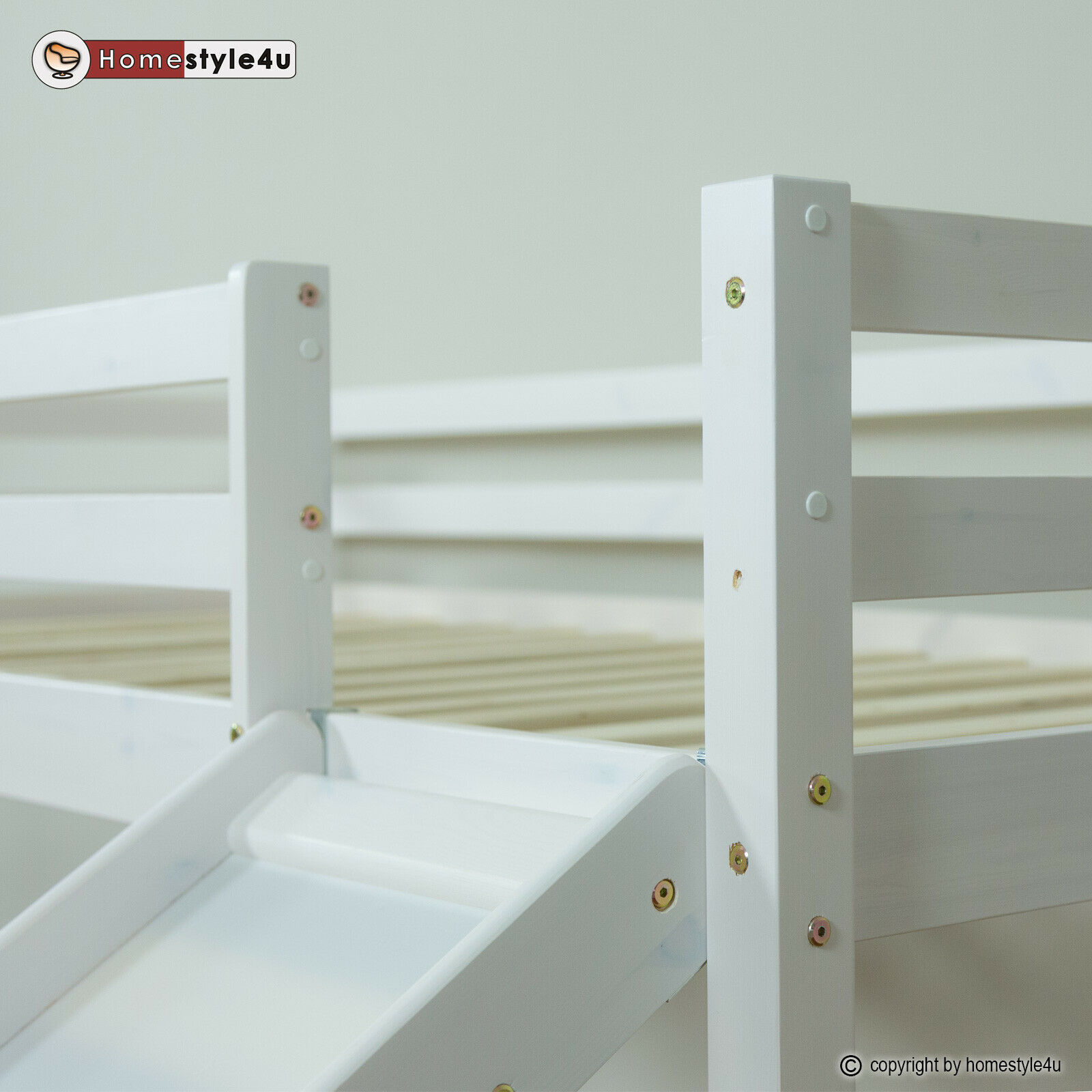 Loft Bed Kids 90x200 cm White with Curtain in Blue | Slide | without Slatted Frame