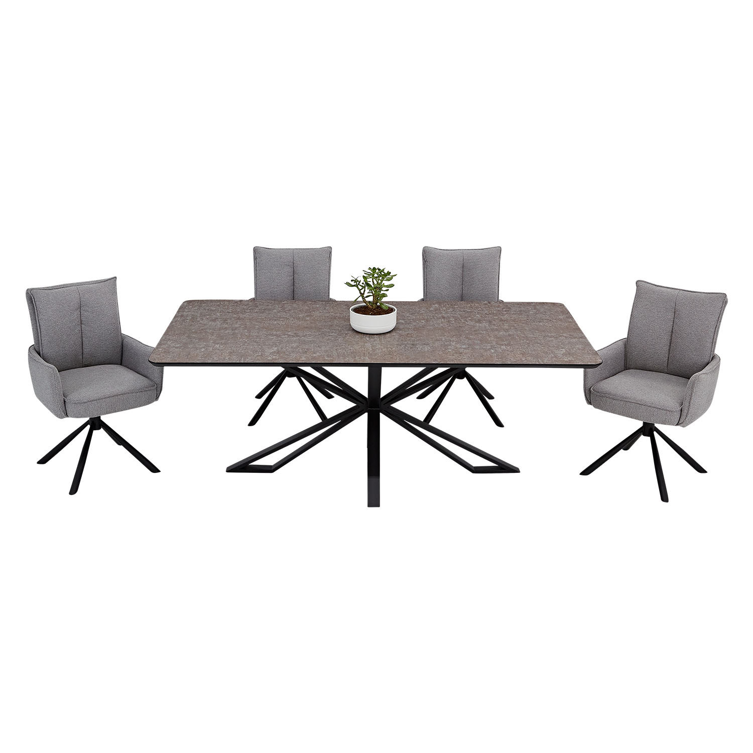 Dining set | 4-piece set upholstered chairs grey with armrest | swivel | dining table brown metal frame 200 x 100 cm