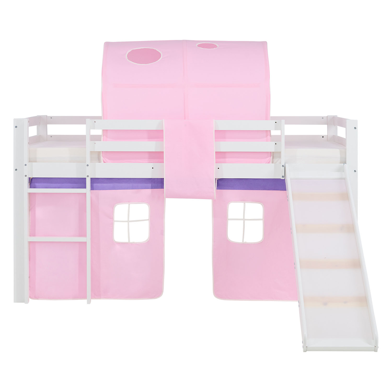 Children's Loft Bed 90x200 cm White with Pink Curtain | Slide | Tunnel | Includes Slatted Base | Includes Mattress