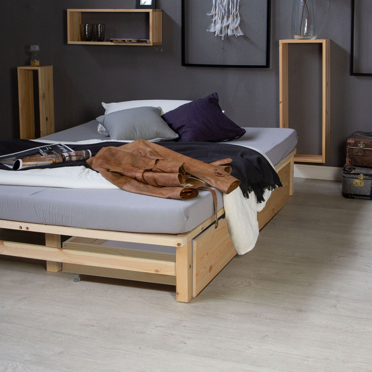 Bed Drawer Set of 2 Drawers Wood Storage with Rollers Pull-out Bed Box Natural