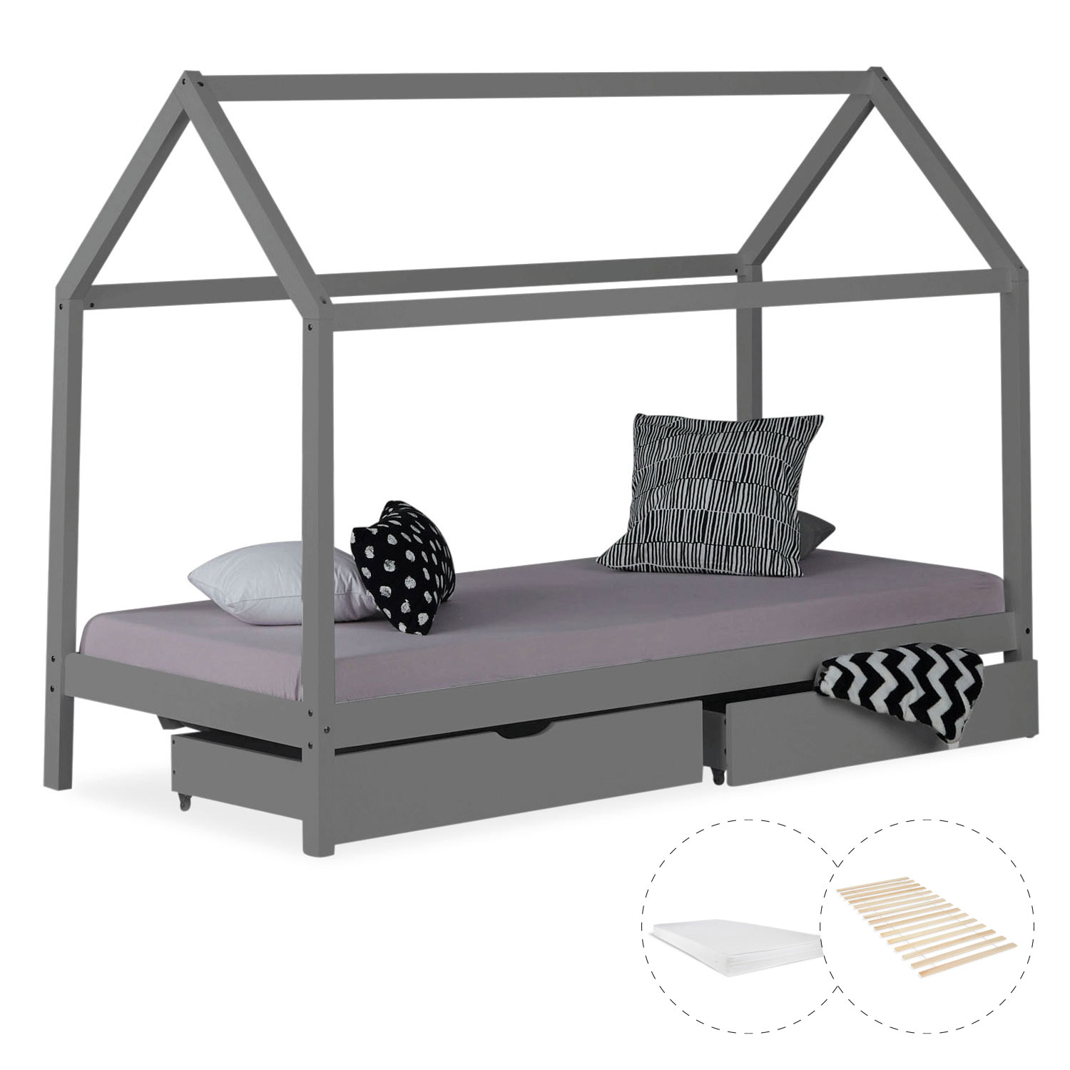 Childrens Bed with Mattress House Bed Frame For Kids 90x200 cm Grey With Drawers