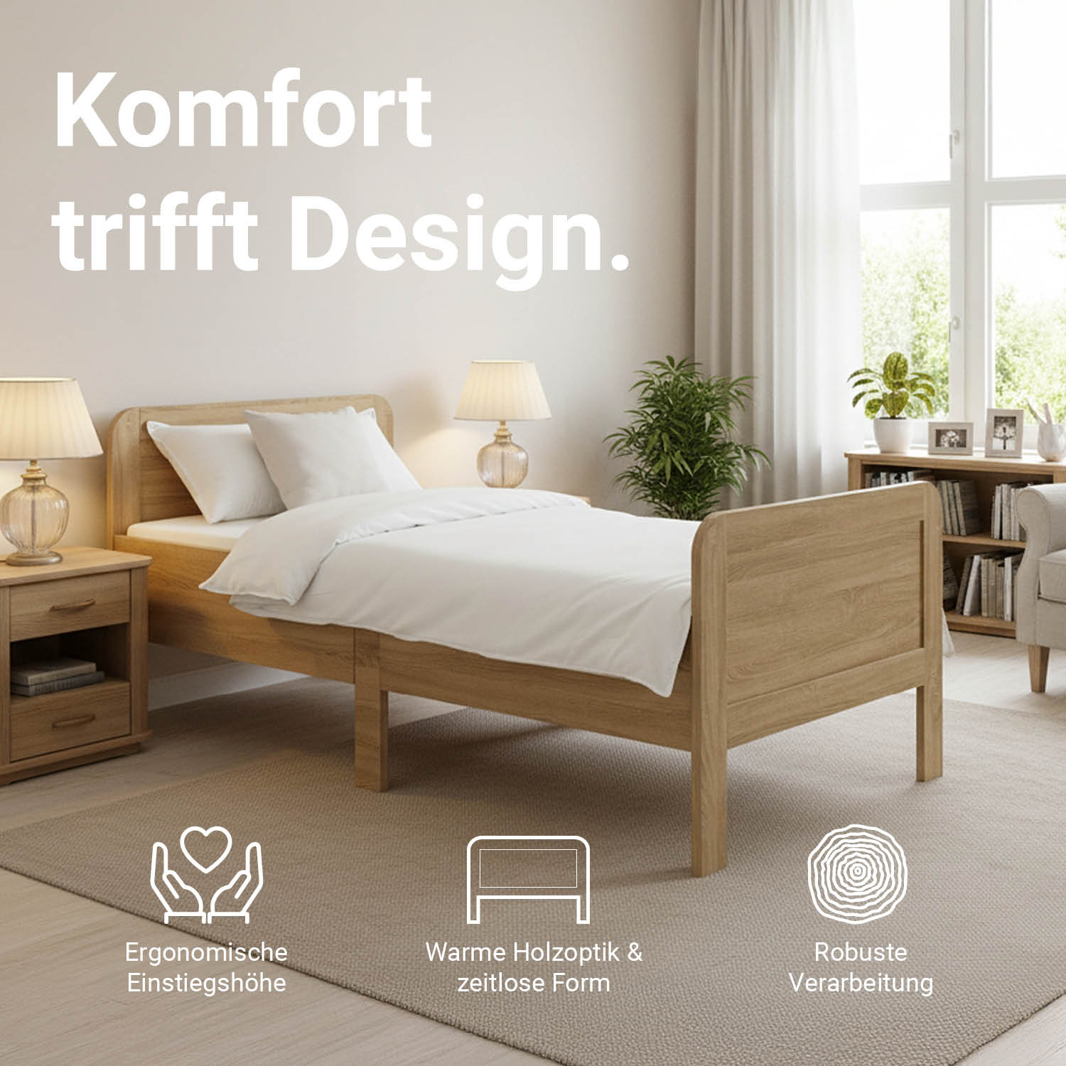 Comfort Bed 100x200 cm Natural | Senior Bed Height Adjustable with Slatted Frame | Single Bed | Wood