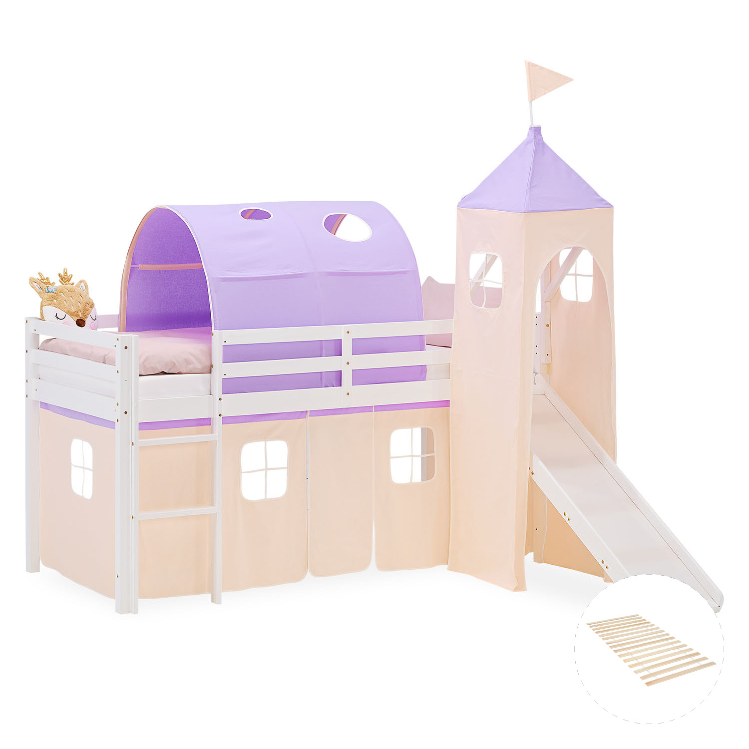 Loft Bed for Kids 90x200 cm White with Curtain in Lilac Beige | Slide | Tower | Tunnel | with Slatted Frame